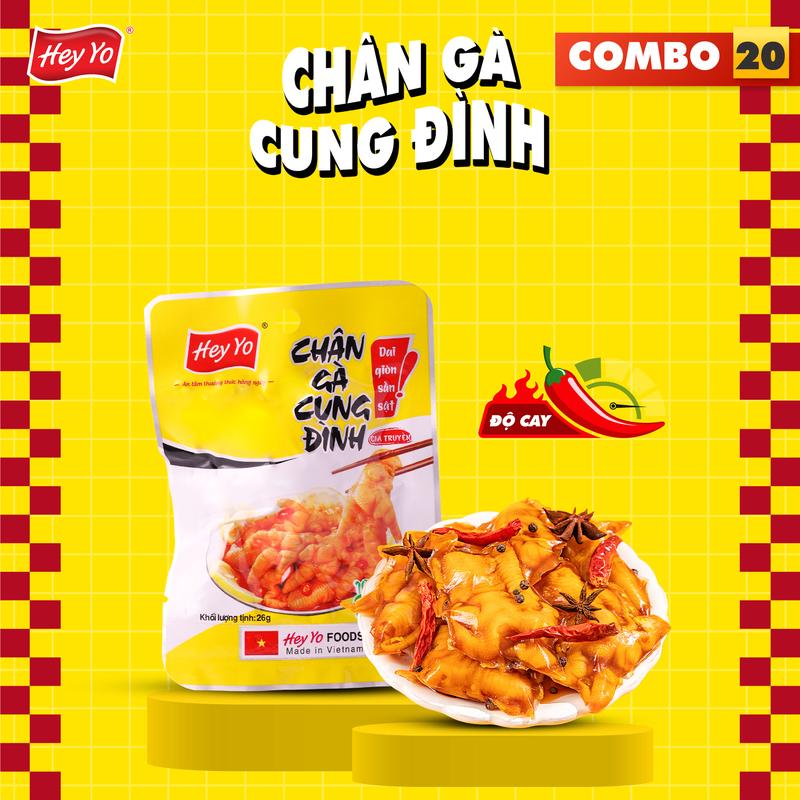 Combo 20 Chân Gà cay Cung Đình 29g, chân gà ủ vị hàng Việt Nam thơm ngon chất lượng Snack Ăn Vặt Chua Cay Hey Yo Foods