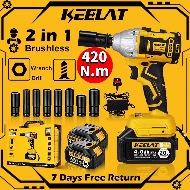 KEELAT  KID003 420N.M 20V Heavy Duty Electric Cordless Power Wrench Impact Wrench Gun 1/2'' Driver  Li-ion Battery With Drill Impact Wrench