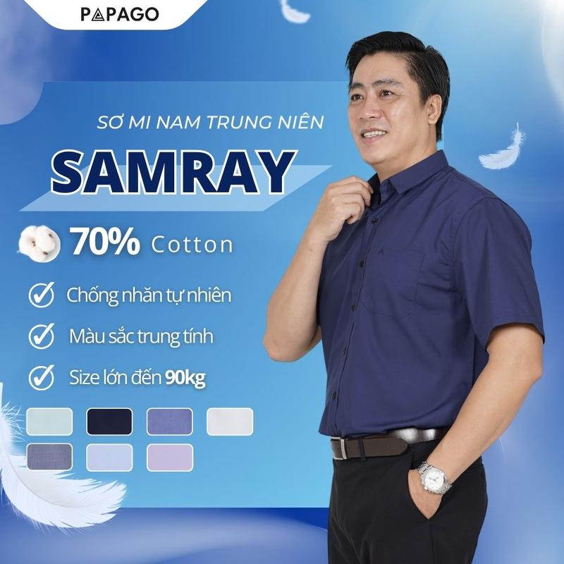  MỚI  Áo Sơ Mi Nam Trung Niên PAPAGO Vải Samray Tay Ngắn Lai Ngang Mát Mẻ Thoáng Khí- P25SNTT001 