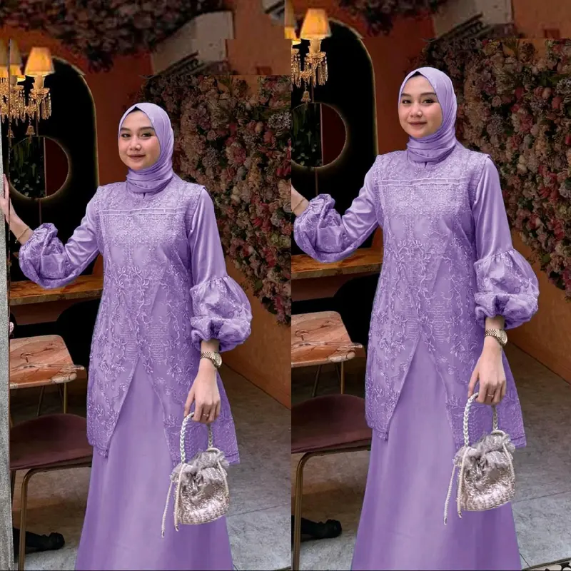Gamis Farah / Maxi brukat / Muslim Wanita  Tile  Mutiara  Dress   Karet  Pesta  Mewah  Dalaman  Fit UK L DAN XL Kondangan Coklat Brokat Gaun 6