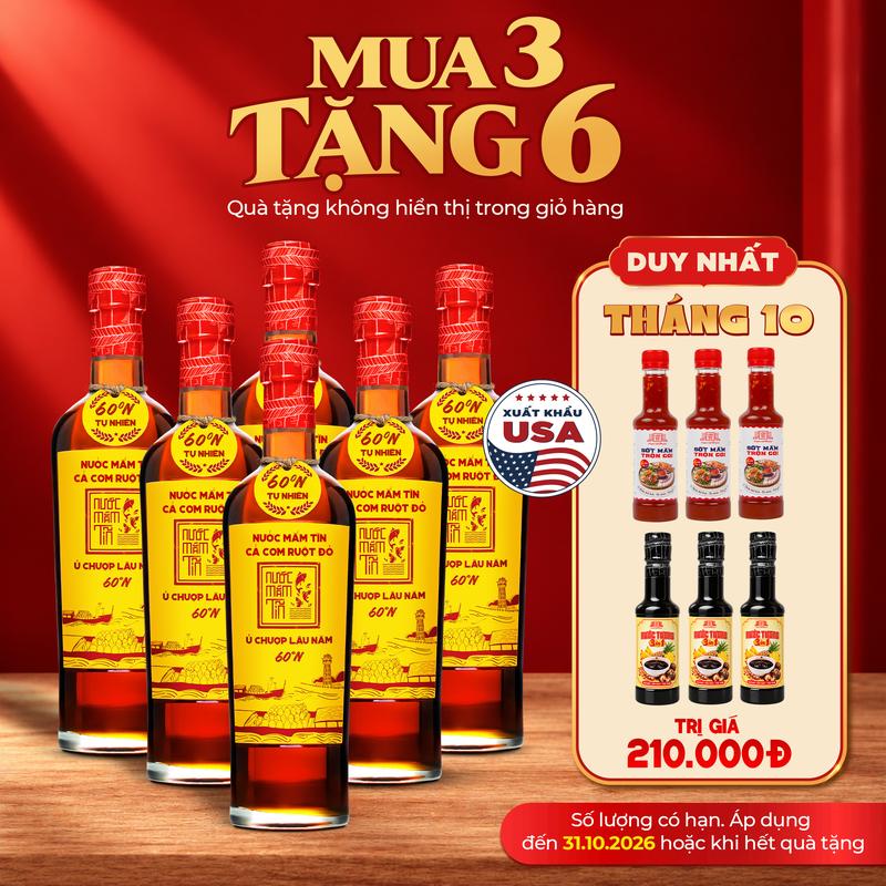 Thùng 6 nước mắm 60N - 500ml/chai Nước Mắm Tĩn Cá Cơm Ruột Đỏ Độ Đạm 60N Chai Thuỷ Tinh Truyền Thống