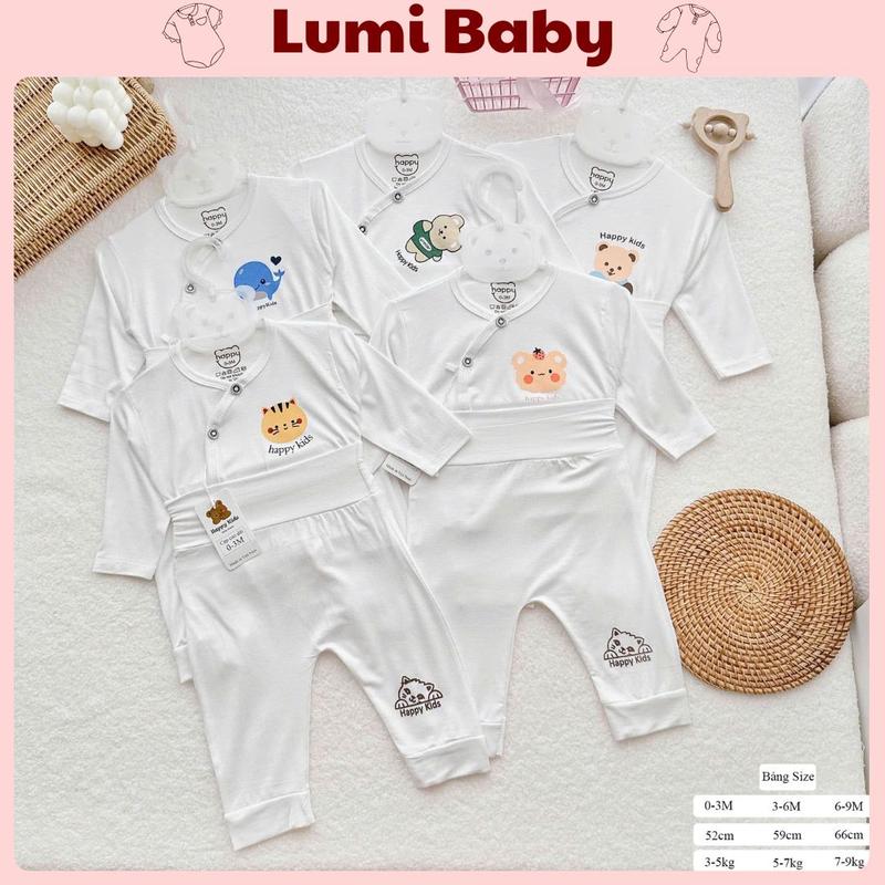 Lumi Baby- Bộ Quần Áo Sơ Sinh Dài Tay Happy Màu Trắng Chất Thun Lạnh Cài chéo Cạp cao Dành cho bé Trai và Gái 0- 9m FORM ÔM