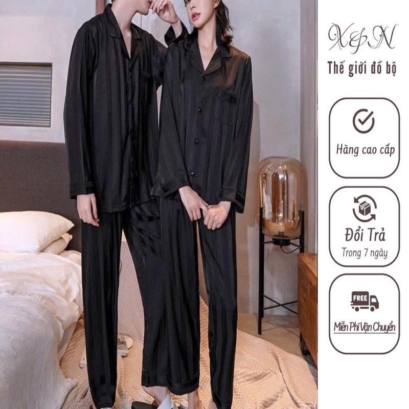 Bộ Pijama Nam Nữ Sọc Đen và Dr Den Chất Lụa Cao Cấp Nhung Menswear Áo Sz từ 40-99kg