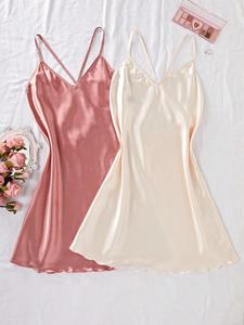 Conjunto de 2 piezas de ropa de dormir de satín para mujer, diseño de banda cruzada en color puro, suave y cómoda, ideal para relajarse en casa