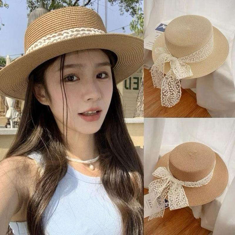 Mũ cói nữ thời trang đi biển phong cách Hàn, dáng vuông cổ điển, vành nhỏ dễ thương có nơ ren – phụ kiện chụp ảnh picnic du lịch