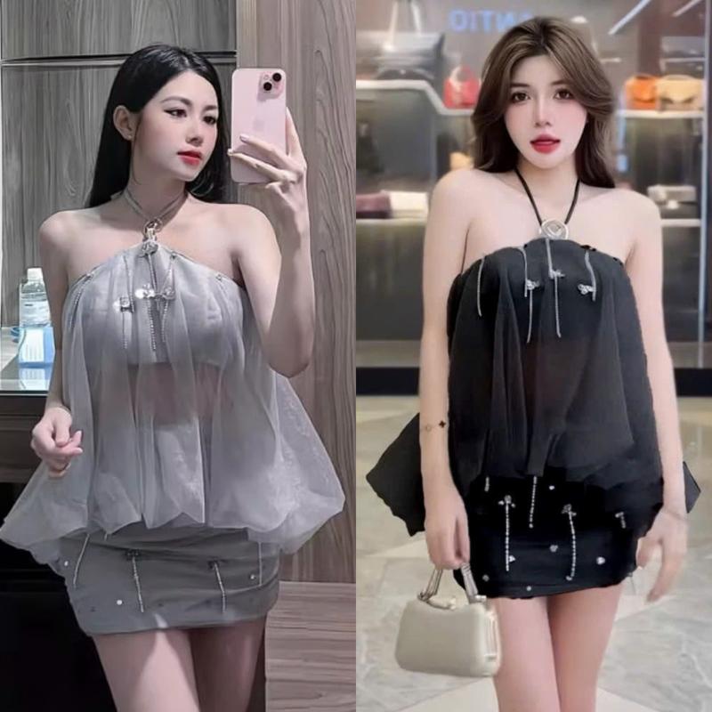 BIGSIZE HIẾU HIẾU (55-95KG) - Set thời trang phối đá Áo cổ yếm tơ bồng + Chân váy chữ a S600