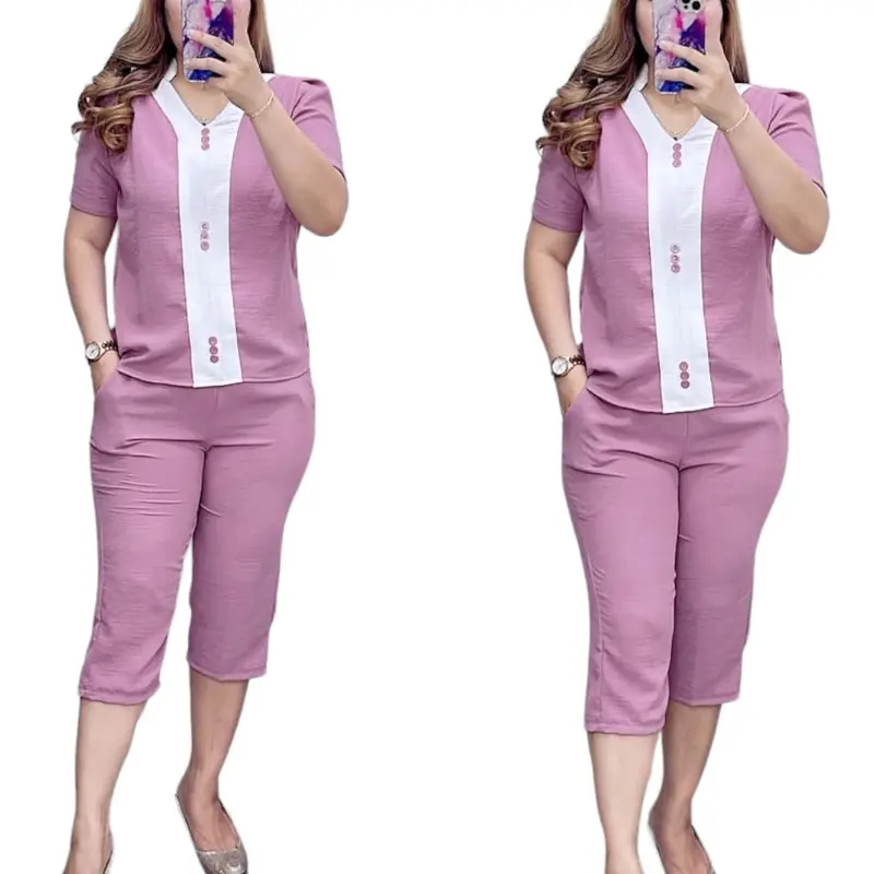 One Set Crinkle Airflow Terbaru//Setelan Crinkle Kombinasi Pendek Lengan pendek  Ruffle Wanita Nyaman Baju Celana 0