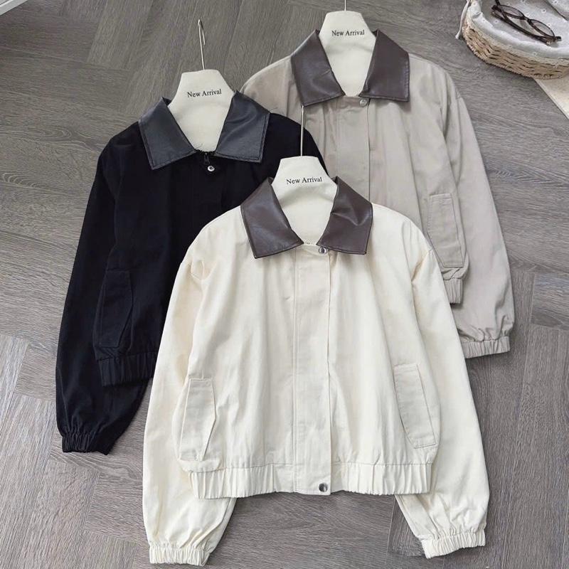   Hàng Loại 1  Áo khoác bomber chất kaki mềm 2 lớp phối cổ da khoá kéo phong cách Retro A2631 