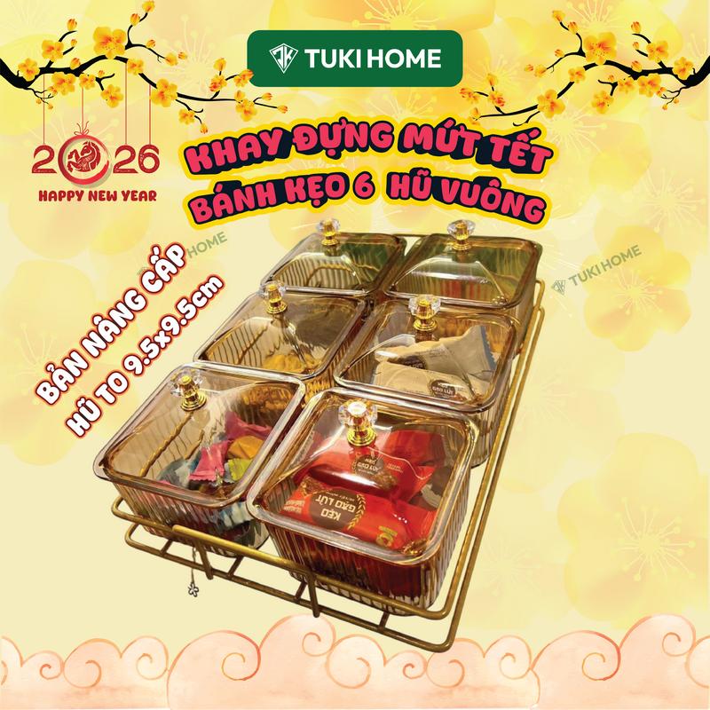  Khay đựnġ mứt Tết 2026 bộ 6 hũ nhựa Khay Kim Loại Màu Vàng Hổ Phách có nắp khay đựnġ bánh kẹo các loại hạt có tay cầm để phòng khách sang trọng 