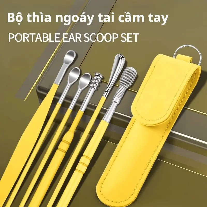 Set Alat Penyingkiran Kotoran Telinga, Enam Keping, Bahan Keluli Tahan Karat, Termasuk Beg Kulit, Sesuai untuk Kegunaan Rumah, Mudah Alih, Warna Kuning, Sesuai untuk Penggunaan di Lokasi, Termasuk Penyusun
