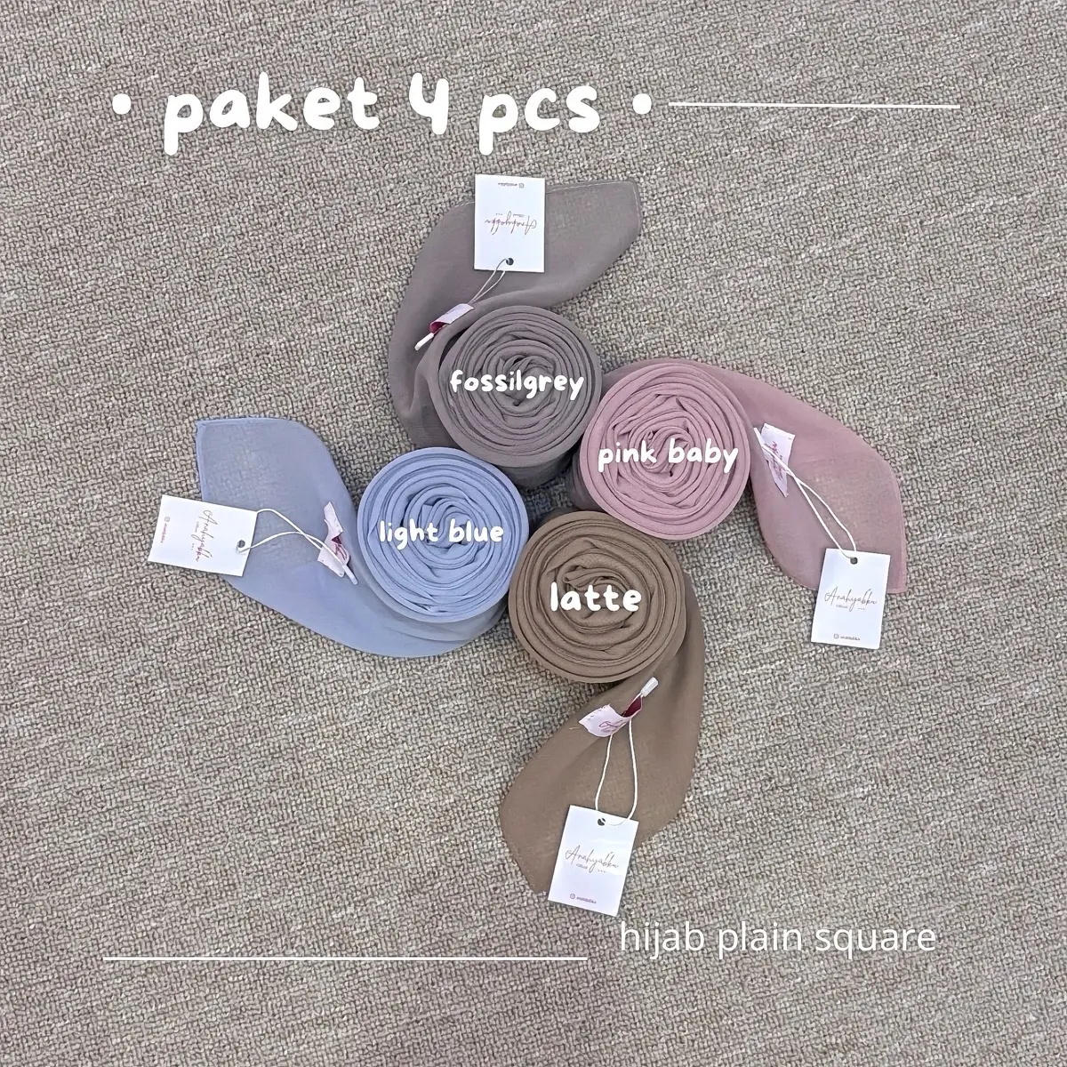 Anahijabku - Paket Hemat 4 pcs Hijab Plain Square (100 RB DAPET 4) Kerudung Segi Empat Polycotton Lembut Nyaman Muslim Basic