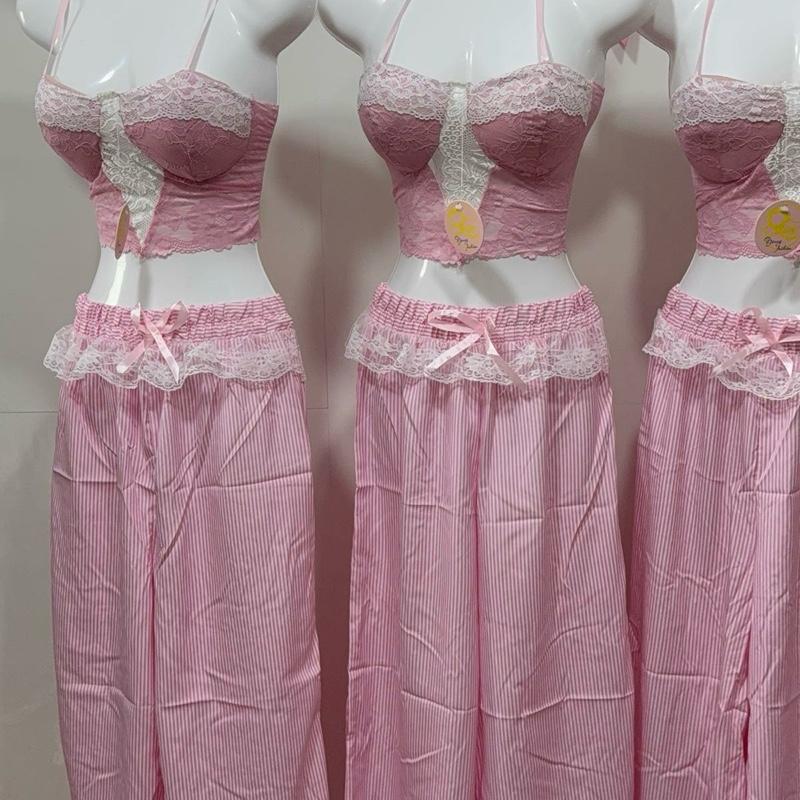 Set Bộ Áo Hai Dây Cúp Khuôn Ren Hồng Croptop + Quần Ống Xuông Viền RenRộng Sọc Hồng Sang Chảnh