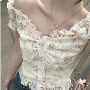 เสื้อเบลาส์ลายดอกไม้ สไตล์ฝรั่งเศส ไม่ซ้ำใคร ความยาวสั้น สไตล์ตะวันตก คอวี แขนพัฟ ปาดไหล่และหวาน เสื้อฤดูร้อน Women ผู้หญิง Clothing Lady
