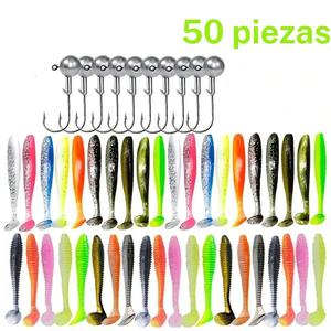 Set de señuelos suaves para pesca con anzuelos de cabeza de crank y jig, 50 piezas/set Kit de cebo de gusano de silicona de largo alcance, Accesorios de pesca para todos los pescadores