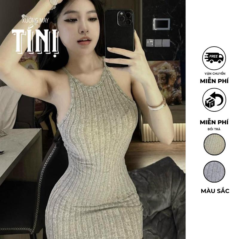XuongMayTINI - Đầm Body sọc len cổ Yếm dài 70-75cm mỏng không nóng B2_Len