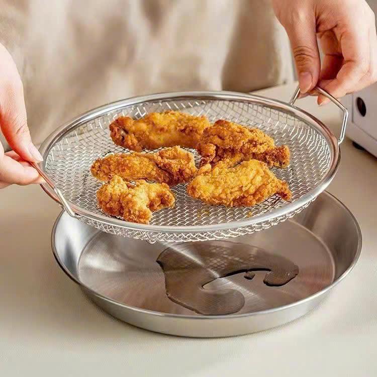 Bộ Khay Đĩa Kèm Vỉ Lưới Lọc Dầu Inox Cạo Cấp Kích Thước 18CM Tiện Dụng Cho Mọi Gian Bếp Đựng Thực Phẩm Chiên Rán Luộc Hấp An Toàr Bên Bí