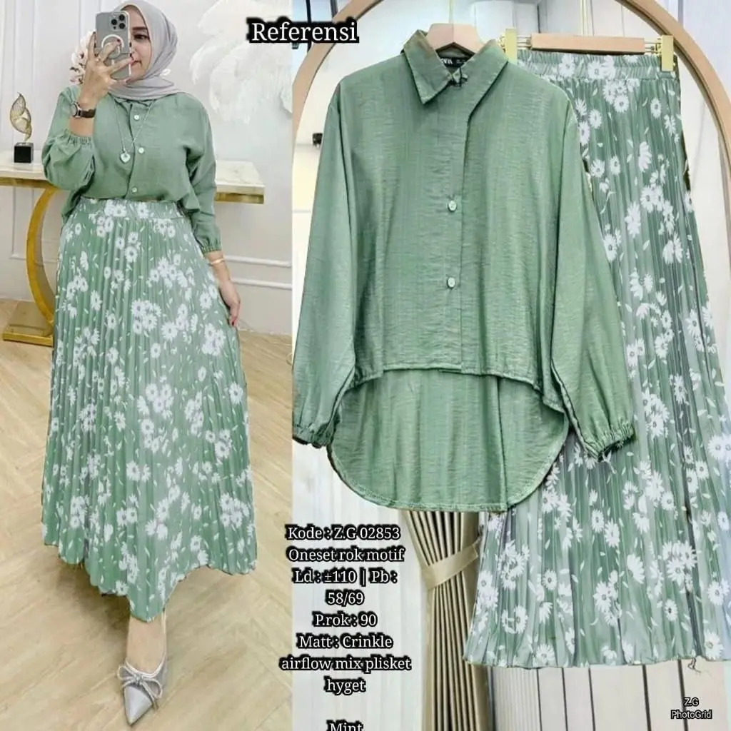 Set rok plisket bunga matahari | rok plisket hyget | atasan cringkel airflow one set rok muslimah motif bunga lengan karet