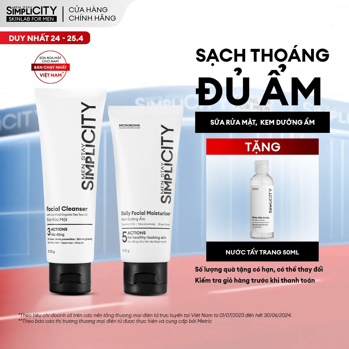 Bộ sản phẩm chăm sóc da hàng ngày cho nam Men Stay Simplicity: Sữa rửa mặt 100g x Kem Dưỡng Ẩm đa năng 80g