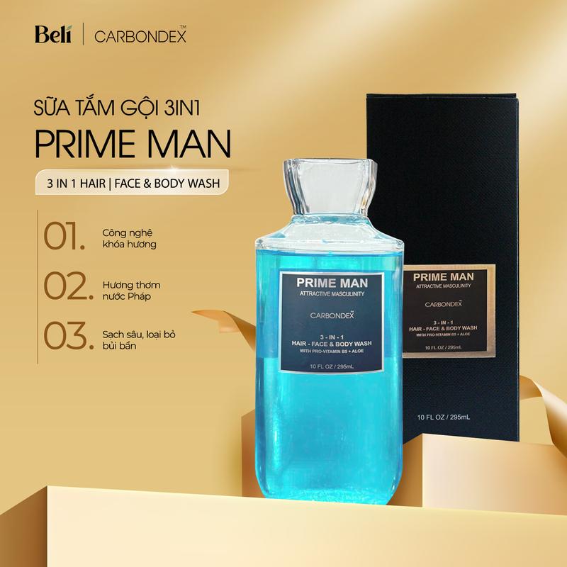 Sữa tắm, Dầu gội, Sữa rửa mặt cho Nam Carbondex PRIME MAN 3in1, 295ml. Hương nước hoa lôi cuốn lưu hương 3h-4h. Làm sạch sâu.