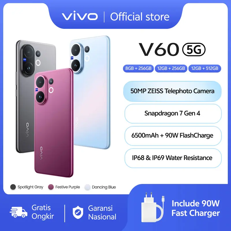[NEW LAUNCH] vivo V60 5G 10x Zoom Telephoto, ZEISS Multifocal Potrait, Snapdragon 7 Gen 4, IP68+IP69, vivo AI