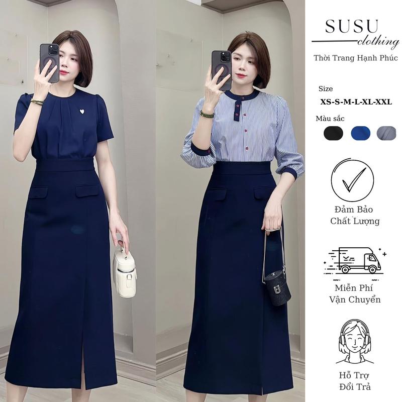 SuSuClothing Chân váy công sở chữ A mặc được 2 kiểu dáng dài 80cm midi xẻ trước có túi có nắp 2 cơi 2 viền CV8386