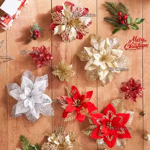 BUNGA NATAL KASTUBA POINSETTIA HIASAN BUNGA GLITTER MERAH GOLD SILVER DEKORASI NATAL MERRY CHRISTMAS
