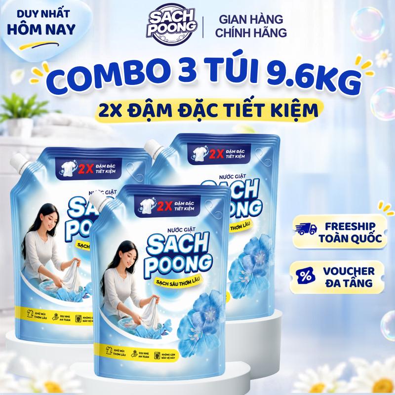 Combo 3 Túi Nước Giặt Sach-Poong 2X Đậm Đặc Thơm Dịu Không Nồng Gắt 3.2Kg x 3