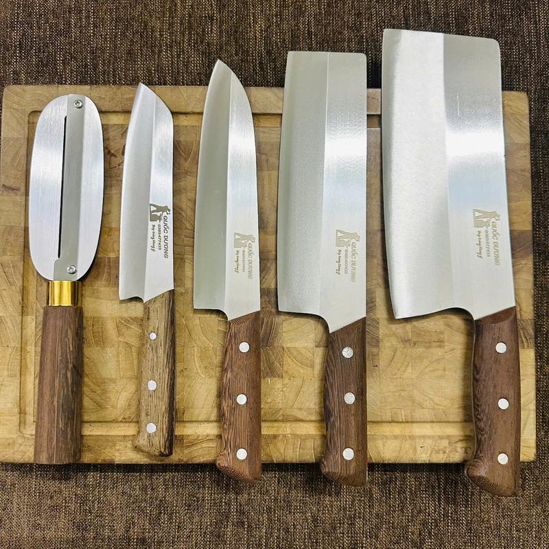 (Mua 3 tặng 2) Bộ dao cán ốp thép trắng Nhật không han gỉ  độ cứng 60HRC, cán gỗ mun vàng chốt 3 đinh cực kì chắc chắn - Mã 04