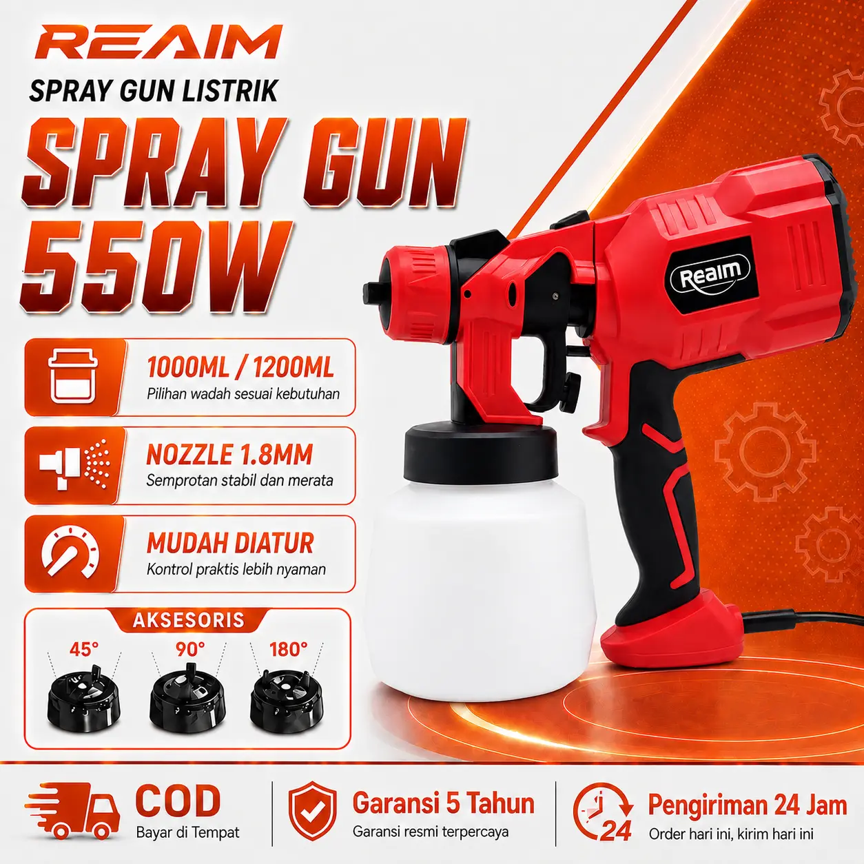 REAIM Electric Spray Gun 1200ML 550W 32000RPM Spray Gun Cat Semprot Listrik Mesin Cat Semprot Listrik Alat Semprot Cat Spraygun Kabel 3 Mode Semprot Nozzle Adjustable