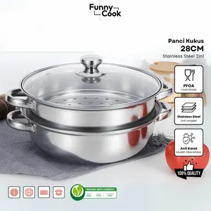 [2IN1] Funnycook Panci Kukus 2 Tingkat 28cm Stainless Steel Anti Karat Dengan Tutup kaca Tebal Kokoh Kitchenware  Dapur Kukusan Multifungsi