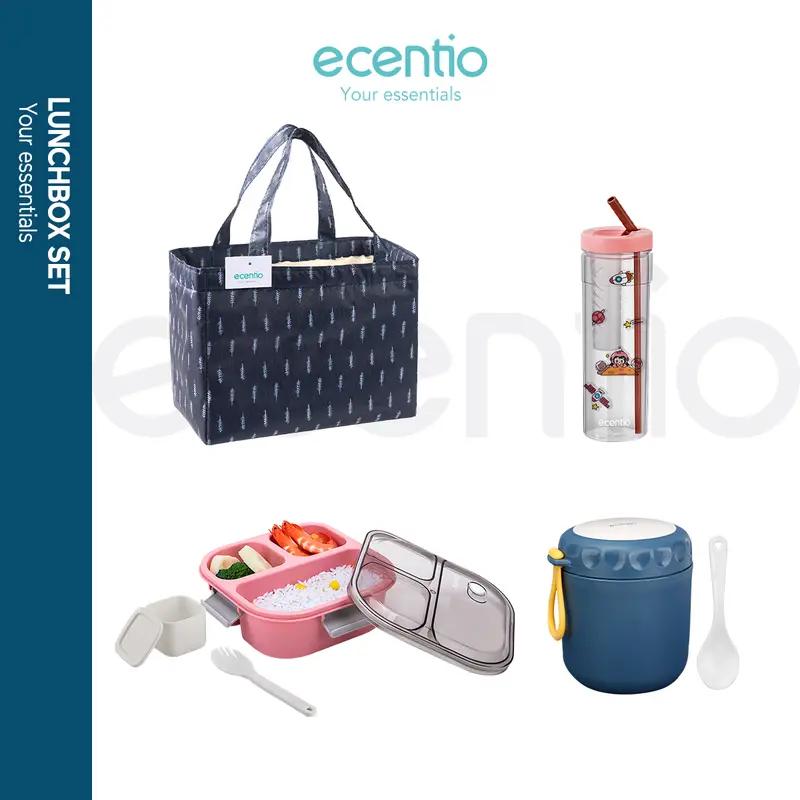 【in stock】【100% Anti tumpah+FREE BPA】【lunch box 1 set】4pcs ecentio lunch box kotak lunch bag botol set  Biru Makan Sendok Wadah Kitchenware 2
