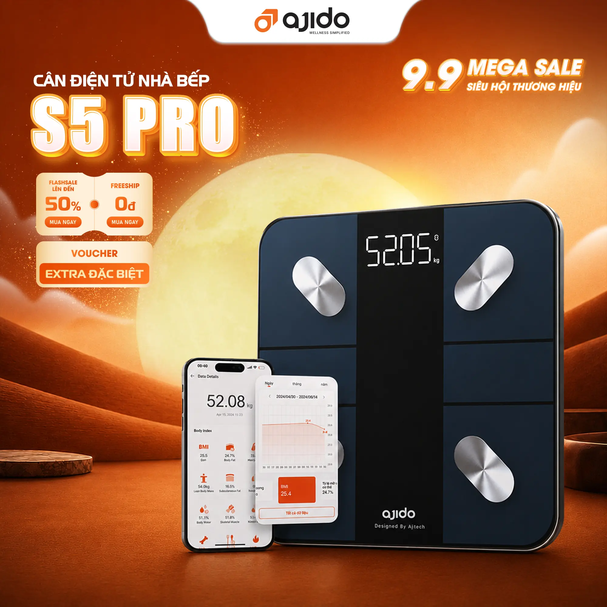 Cân Điện Tử Thông Minh Ajido S5 Pro Kết Nối Bluetooth Với App Ajido Health Phân Tích 20 Chỉ Số Sức Khỏe