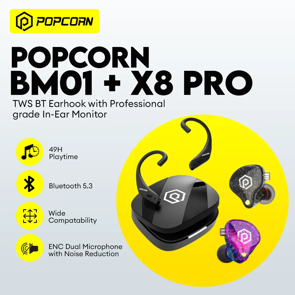 Popcorn BM01 TWS HD 5.3 Bluetooth Earhook C Pin Connector Wireless ...