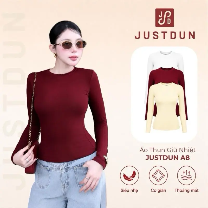 Áo Thun Giữ Nhiệt Nữ Dài Tay JUSTDUN A8 Cổ Tròn, Cotton Mịn Dày Dặn, Siêu Co Giãn Mềm Mại, Tôn Dáng Giữ Nhiệt