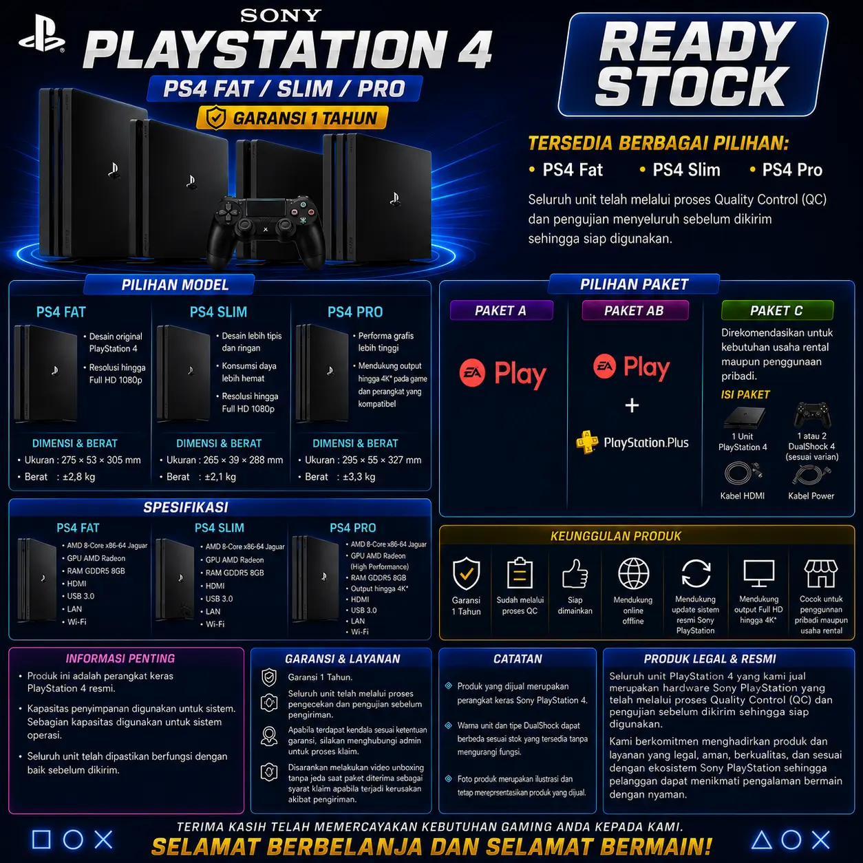 Sony PS4 FAT 1TB Ori dan Bergaransi/Playstation/PS 4 bukan Slim/Pro game fc pes football 26