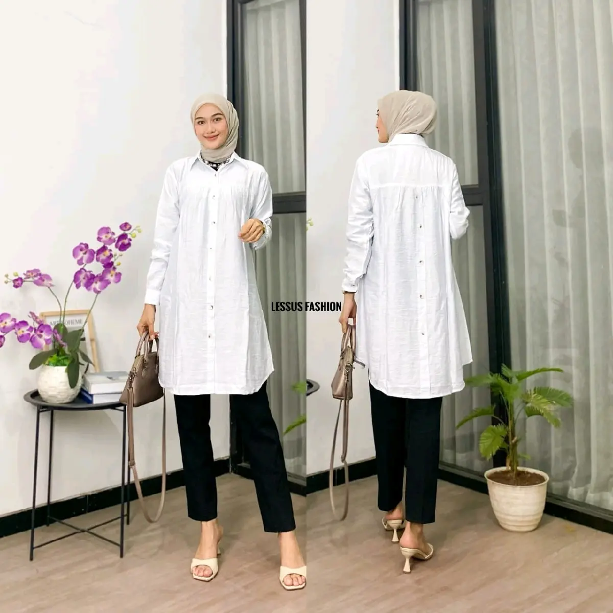 Zella Tunik polos polo linen kancing depan belakang|| kemeja wanita polos tunik pololinen Muslim Wudhu tunik Panjang simply tunik biru