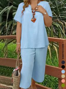 Conjunto elegante de talla grande para mujer: top de manga corta de color sólido y pantalón casual de pierna ancha, verano, cómodo y estiloso
