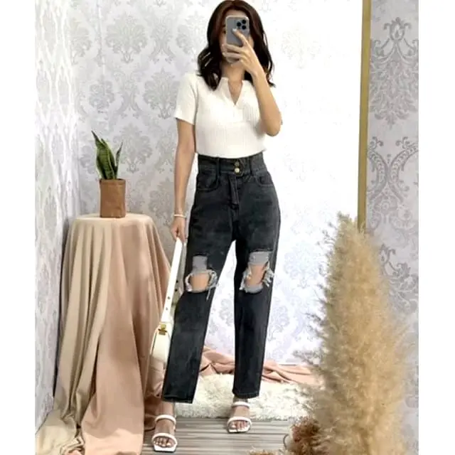 Celana Jelas Sobek Dewasa Model Terbaru Berkualitas - Hitam - Casual, Pria, Panjang, Jeans, Kerja, Katun, Wanita, Sirwal Boyfriend Variasi Ripped