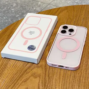 【+BOX】Casing Transparan Magnet Kuat Warna Merah Muda untuk IP x 11 12 13 14 15 16 17 Pro Max, Cepat Nirkabel & Anti Kekuningan, Cover Tahan Banting & Anti Gores xr pink Ponsel Telepon  case