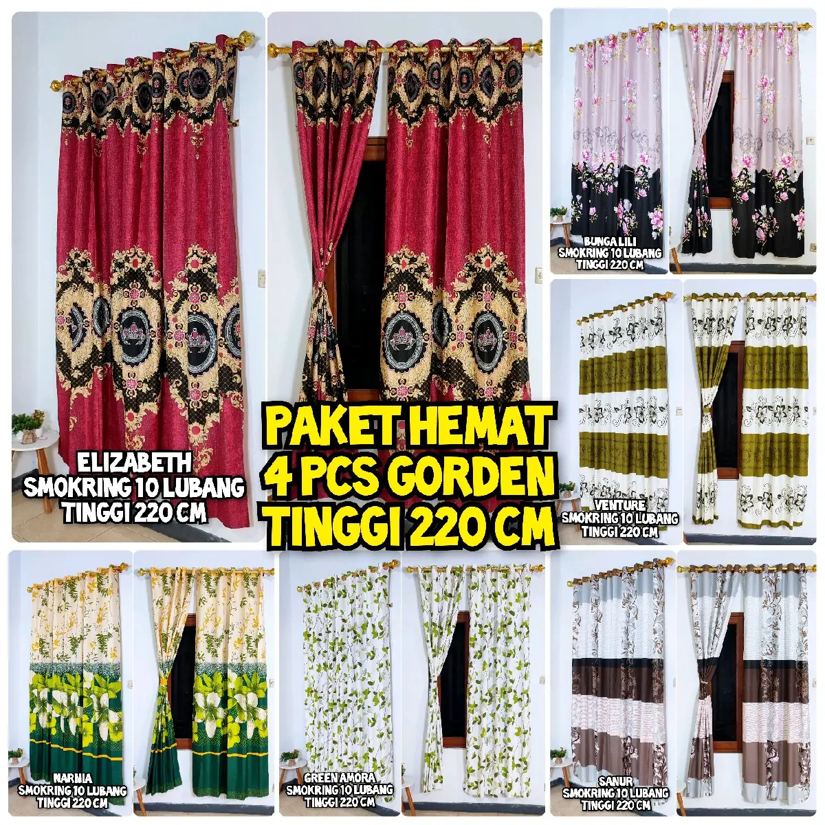 Paket 4 dan 3 PCS Gorden Smokring 10 Lubang Tinggi 220 cm - Kain Katun - Promo Curtain