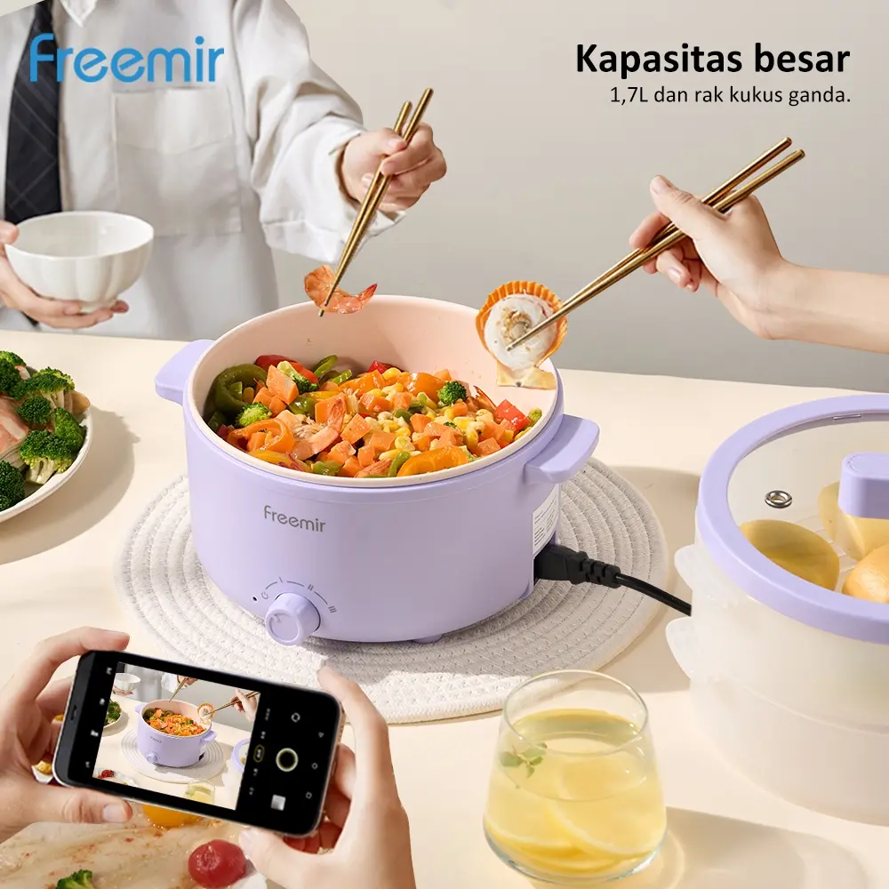 [Flash Sale] Freemir 1.7L Panci Elektrik Ukuran 20 Cm Panci Multifungsi Steamer Elektrik Ungu Putih