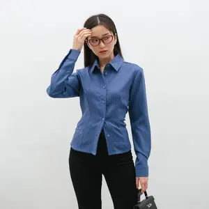 [EastRose] Khalula Fitted Shirt | Kemeja Wanita | Fitted Shirt Wanita | Kemeja Kantor | Stripes Shirt | Kemeja Garis Garis Wanita | Atasan Lengan Panjang Tangan Linen Formal Casual Basic Hitam Kerah Baju Loose
