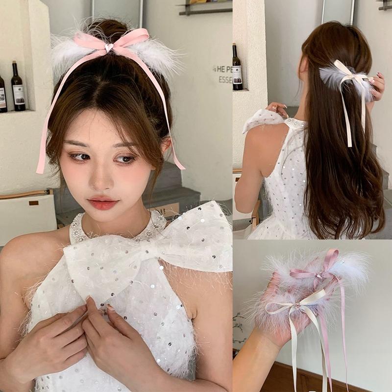 Kẹp Tóc Lông Vũ Tình Yêu Streamer Nơ Mũ Đội Đầu Kẹp Tóc Ngọt Ngào