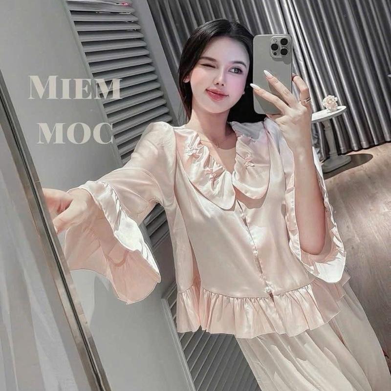 N405- Pijama dài tay tiểu thư vân gấm cho nữ hoạ tết cổ dính nơ mẫu mới- Bộ ngủ mặc nhà hàng quảng châu cao cấp(women)