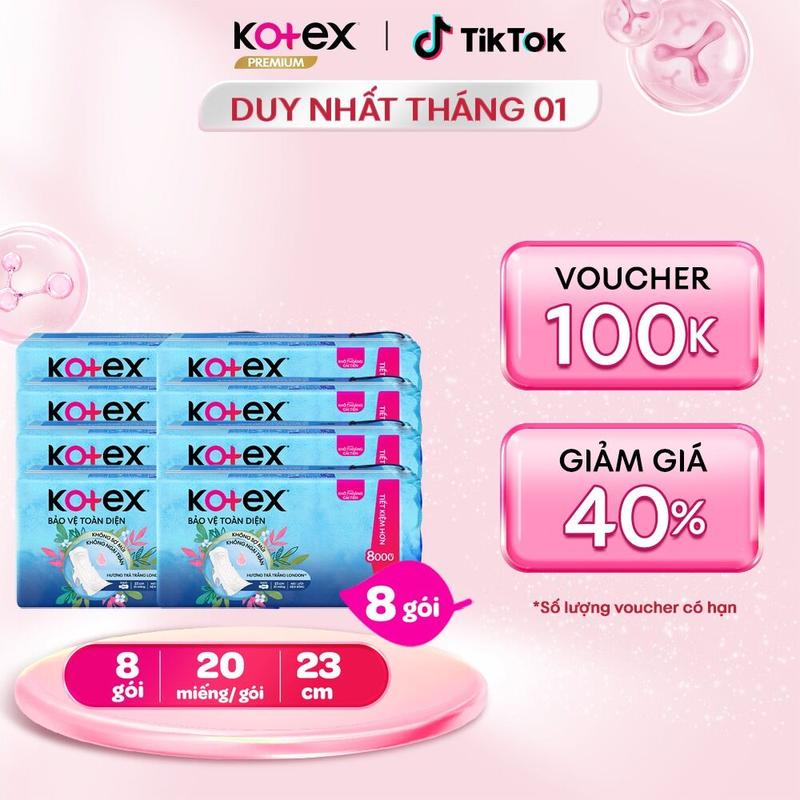   GIÁ SỐC  8 gói băng vệ sinh nữ Kotex Bảo Vệ Toàn Diện ban ngày 23cm Dày cánh Mặt lưới Thấm hút tốt Khử mùi ,Chống tràn 20 miếng gói bvs kinh nguyệt nhiều miễn phí vận chuyển chính hãng tampon dành cho phụ nữ mang thai và sau sinh. 