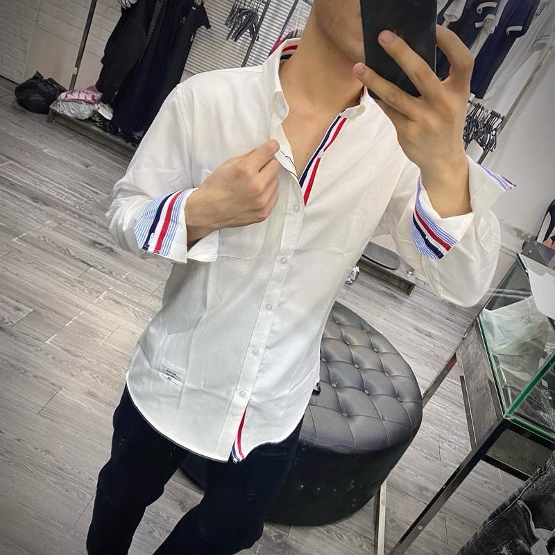 Áo sơ trắng nam TA89 vải lụa gai thô trơn ống sắn vá vải xanh trắng tay thêu vạch trắng đây dặn boy phố Sm135