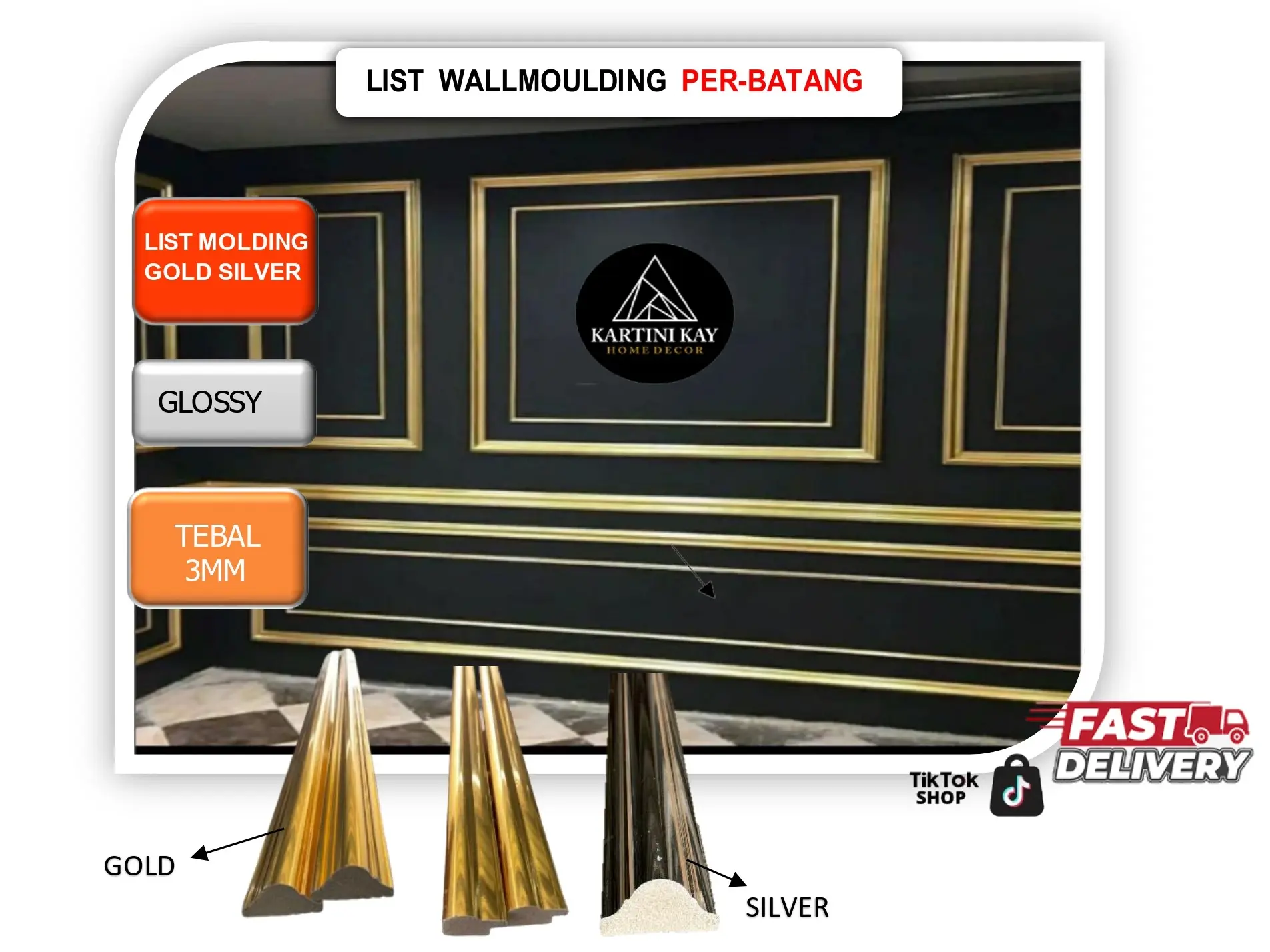List Wall Moulding Perbatang Warna Gold Bahan WPC Anti Rayap Anti Air High Quality untuk Kamar Tidur dan Ruang Tamu Ukuran 4cm 2,5cm Panjang 145cm dan 95cm - Pvc