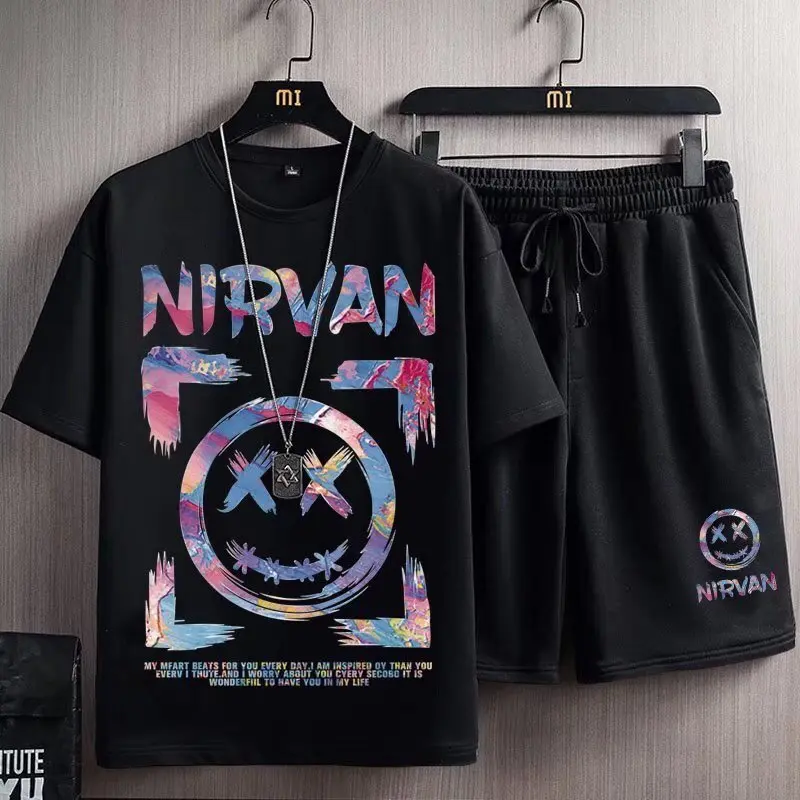 M-8XL plus size summer dress 2022 new short sleeve T-shirt shorts 2 PCs fashion loose print black casual sports short pants men set