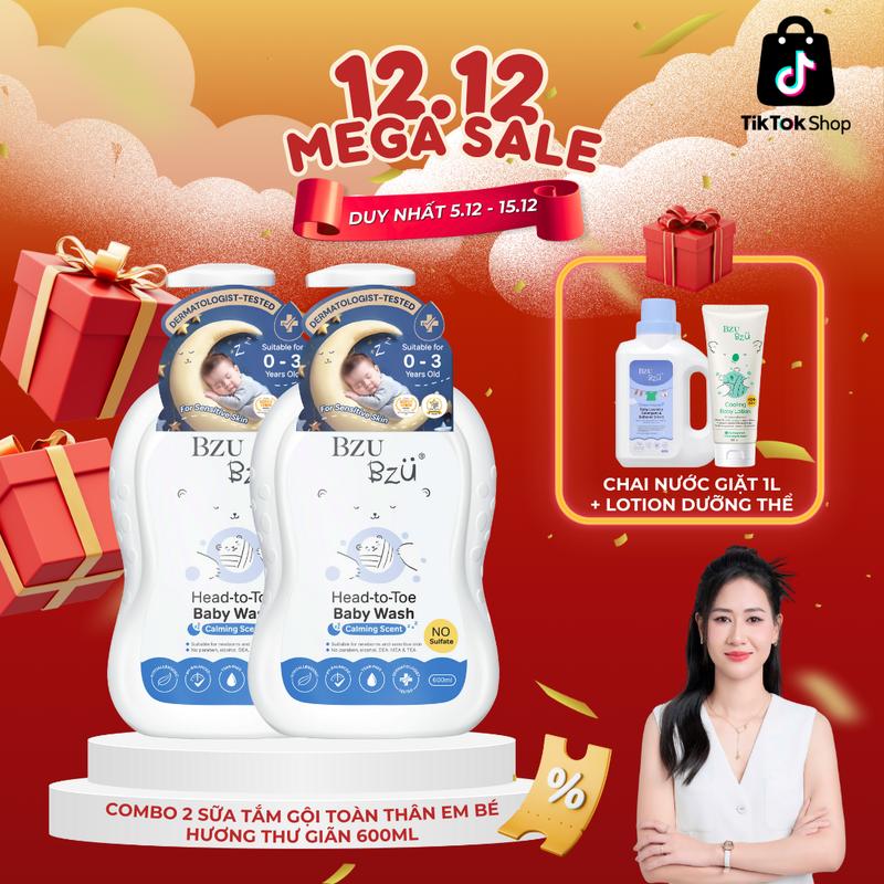 TGMBS Combo 2 Chai Sữa Tắm Gội Toàn Thân Em Bé Sữa & Yến Mạch BZU BZU Baby Head to Toe Wash Làm Sạch Dịu Nhẹ 600ml Cho Bé sữa tắm