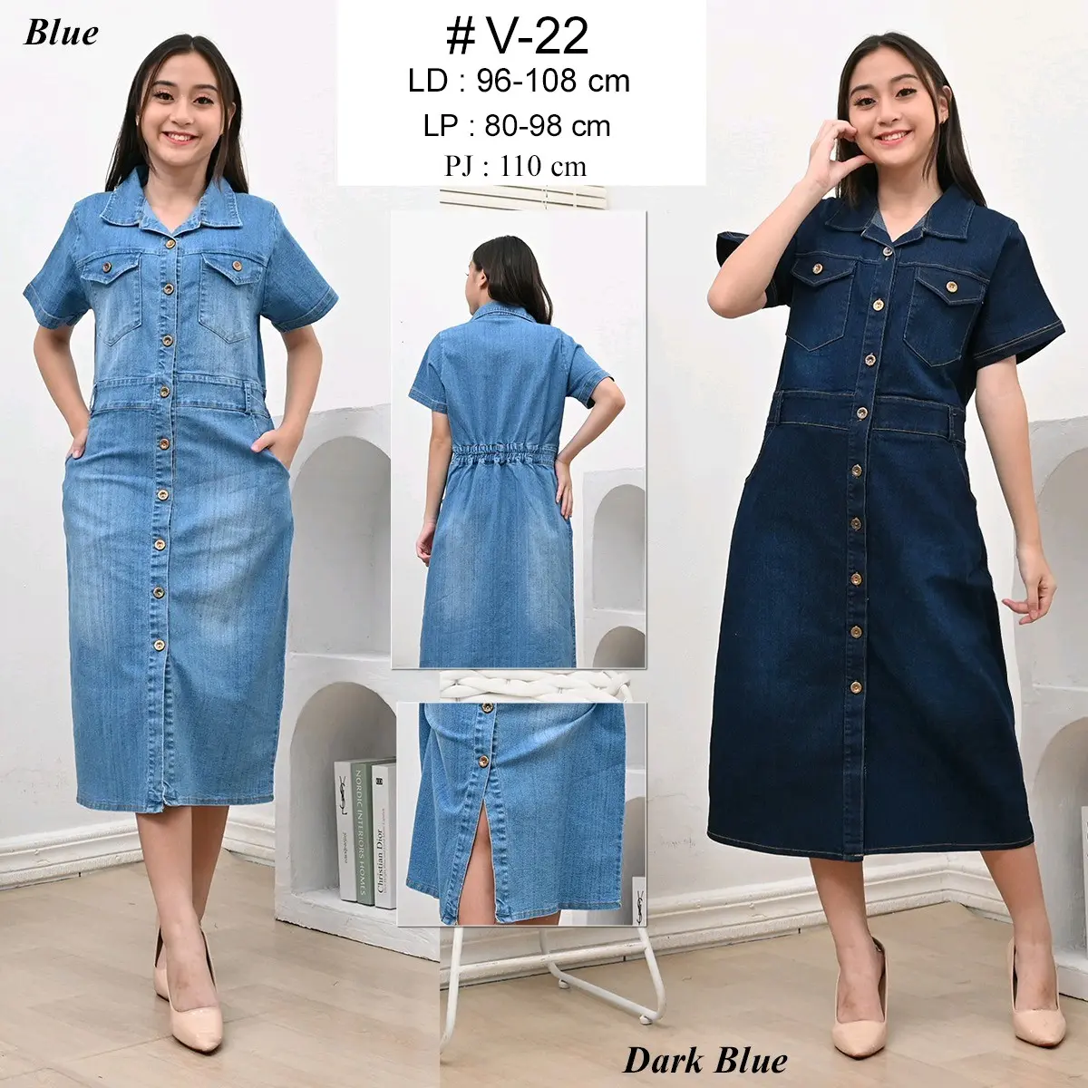Dress Midi Jeans Strech Wanita/Full Kancing Aktif Cantik V-22